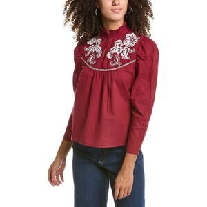 St. Roche Poppy Top Long Sleeves Embroidered Floral Ruffle Neck Berry Red Size 4